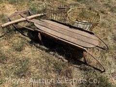 Wood Runner Sled, 3 Wire Egg Baskets, and 6 Clear Glass Insulators