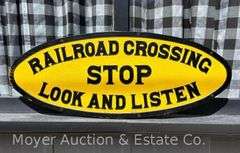 Original "STOP Railroad Crossing Look and Listen" Cast Iron Sign, Good Condition, Repainted, HEAVY