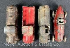 4 Early Cast Iron Toy Cars and Trucks, Race Car Marked Hubley, 5" Long