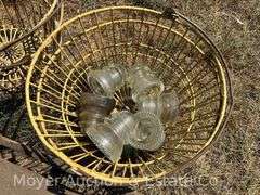 Wood Runner Sled, 3 Wire Egg Baskets, and 6 Clear Glass Insulators