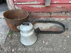 Cast Iron Oval Pan, Iron Kettle (cracked) and Aluminum Percolator Coffee Pot