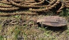 Length of Antique 1” Braided Rope with 2 Wood Pulleys