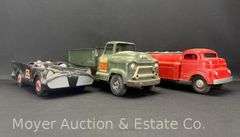 Pressed Steel Strutco and GMC Trucks with Plastic Batmobile, 13"-14.5"w