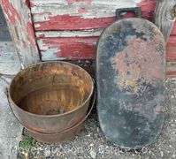 Cast Iron Oval Pan, Iron Kettle (cracked) and Aluminum Percolator Coffee Pot