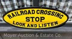 Original "STOP Railroad Crossing Look and Listen" Cast Iron Sign, Good Condition, Repainted, HEAVY