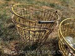 Wood Runner Sled, 3 Wire Egg Baskets, and 6 Clear Glass Insulators