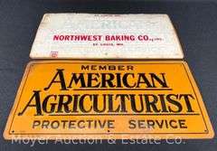 (2) American Agriculturist Protective Service Member Signs, 1955, Metal, 6.5"x13.5"