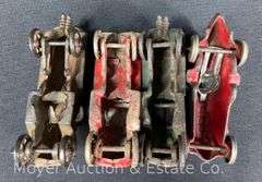 4 Early Cast Iron Toy Cars and Trucks, Race Car Marked Hubley, 5" Long
