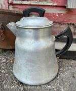 Cast Iron Oval Pan, Iron Kettle (cracked) and Aluminum Percolator Coffee Pot