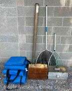Group of Fishing: 2 Nets, 2 Tackle Boxes, Fishing Pole, & 4 Throwable Type IV Floatation Cushions