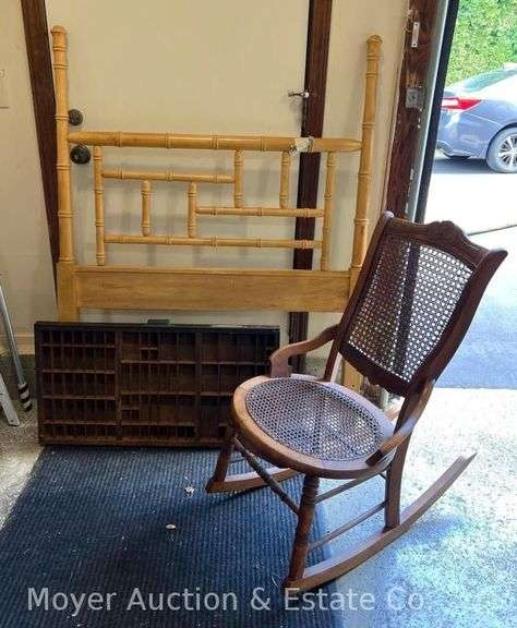 Bamboo Style Headboard, Sewing Rocking Chair, and Printer Drawer image
