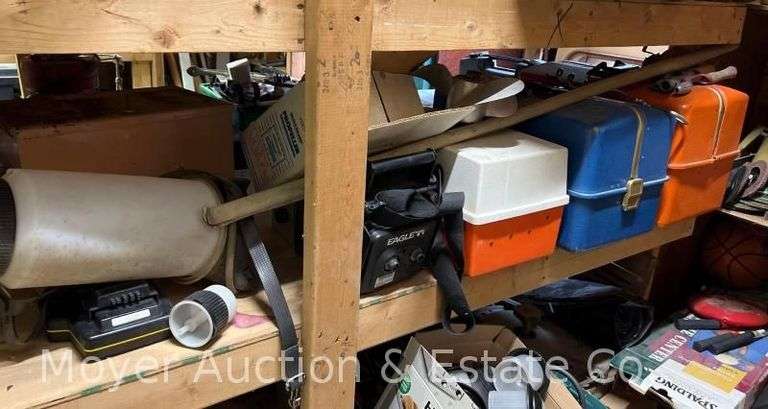 Group of Tackle Boxes, Fishing Pole Handles, Fish Finders, Boat Propellers, Etc. image