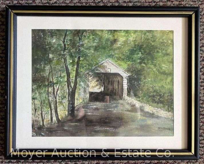 Helen B. Gould Watercolor Painting of Covered Bridge, Framed 15" x 19" image