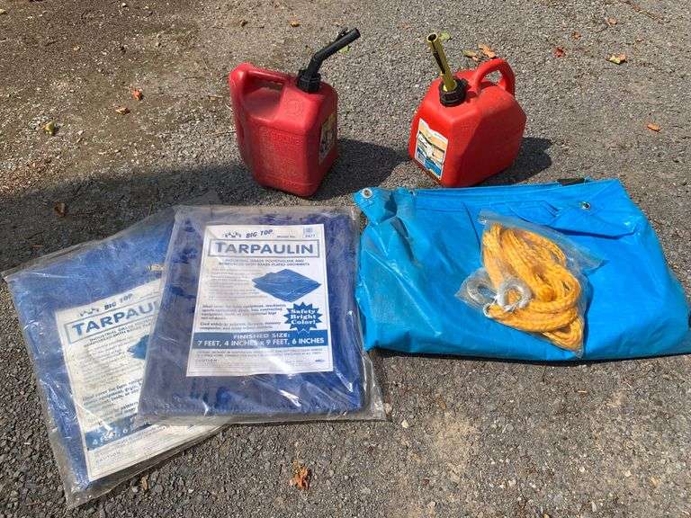Group with 3 Blue Tarps, 2-2gal. Gas Cans, & Tow Strap image