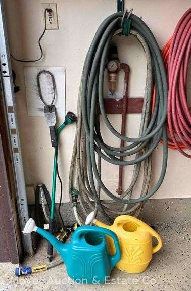 Group of Watering Hoses, Watering Cans, Hose Nozzles, Sprinkler, Etc. image
