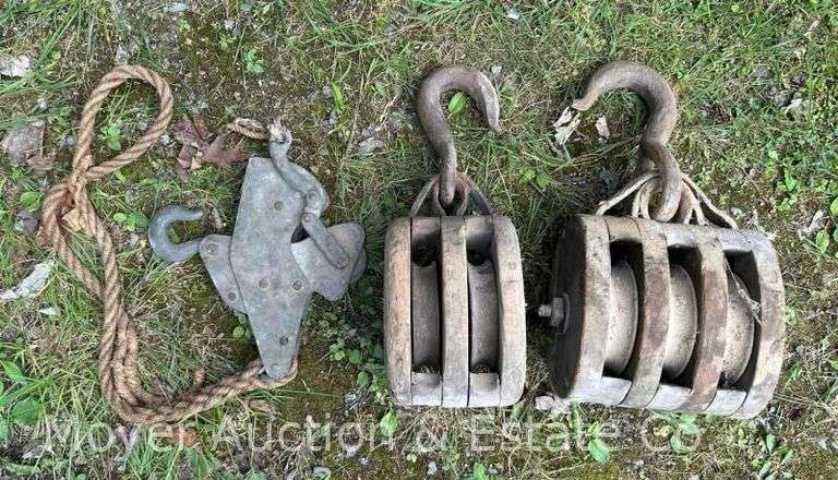 (2) Large Wood Pulleys with Other Metal Pulley image