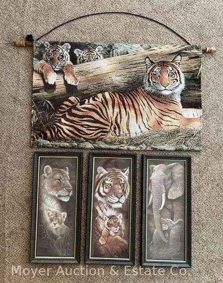 Tiger Wall Tapestry with 3 Framed Animal Prints image