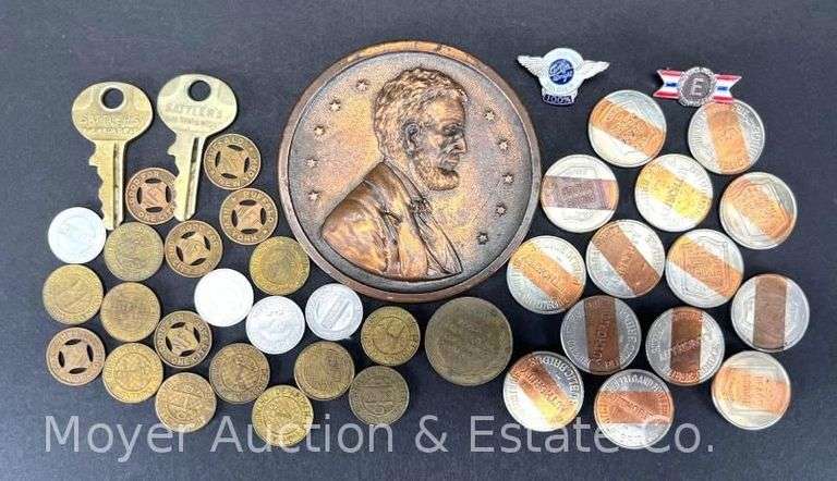 Group of Tokens, Sattlers Keys, Pins, Lincoln Souvenir Medallion, Etc. image