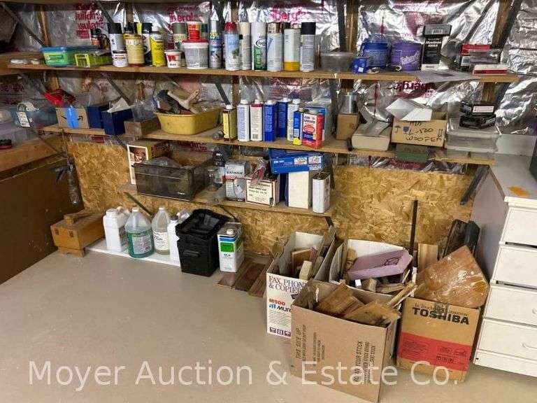 Contents of Basement Shelves, Household Chemicals, Spray Paint, Painting Supplies, Wiring, Etc. image