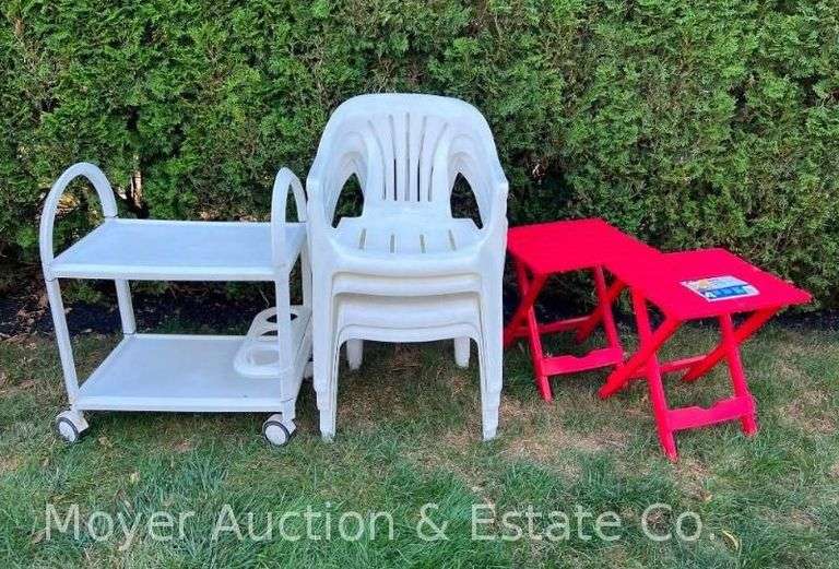 (4) Poly Patio Chairs with Rolling Cart and Folding Side Tables image