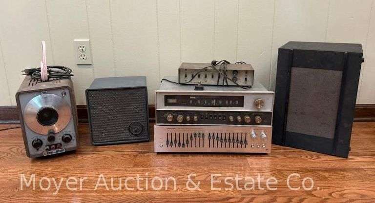 Group of Vintage Stereo Components: Harman Kardon SR600 Receiver, Realistic Equalizer, Speakers, Etc. image