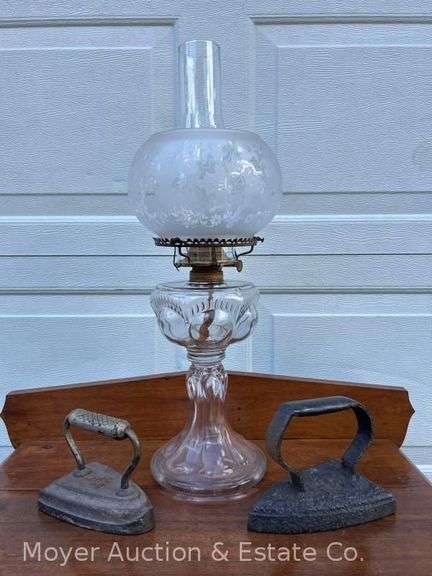 (2) Antique Sad Irons and Glass Oil Lamp image