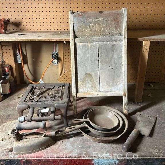 Group of Cast Iron Skillets, Washboard, Cleaver, Etc. image
