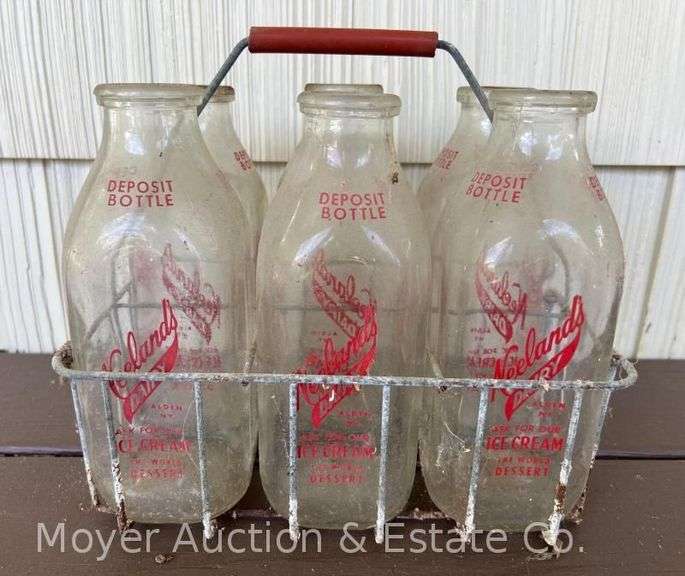 (6) Neelands Dairy Milk Bottles with Wire Carrier, One Quart, Red Lettering image