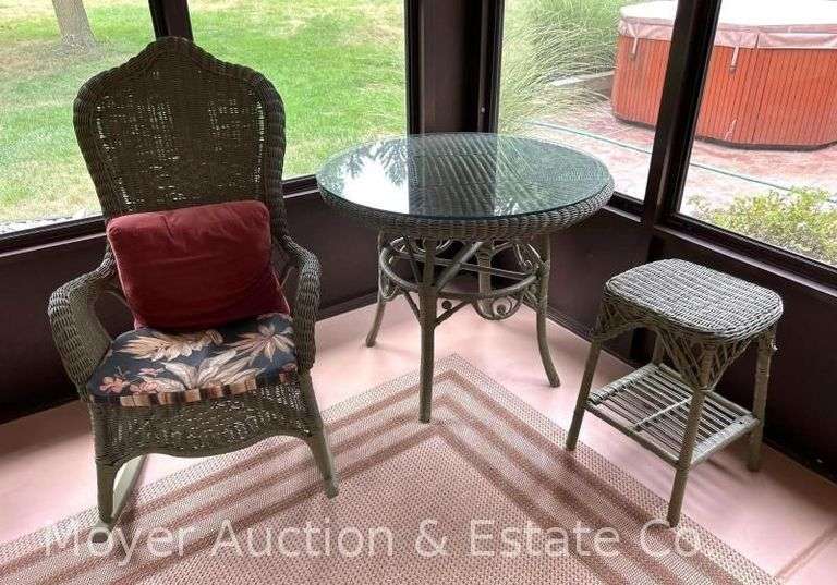 Wicker Dining Table, Rocking Chair, and Side Table, Painted Green image