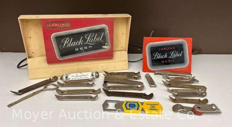 (2) Bar Top Beer Advertising Signs and Asst. Bottle Openers, 4.5"-7"h image