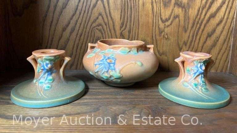Roseville Pottery "Columbine" Vase/Bowl and Candle Holders, 655-3" and 1145-2", 2.5"-3"h image