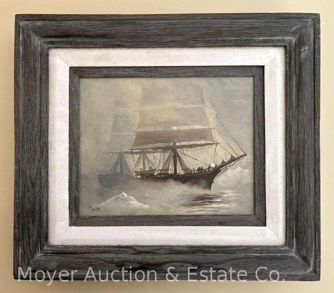 Ernest C. Towler Painting on Canvas “The Kileena in the Ice Field”, Framed 14” x 16” Overall image