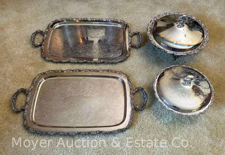 (2) Matching Oneida Silver-plated Trays with (2) Matching Covered Dishes, 24”x13” image