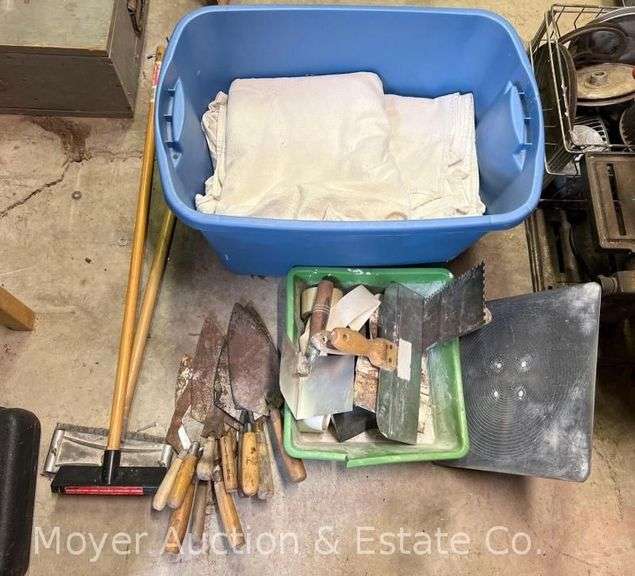 Group of Asst. Drywall Tools, Drop Cloths, and Masonry Trowels image