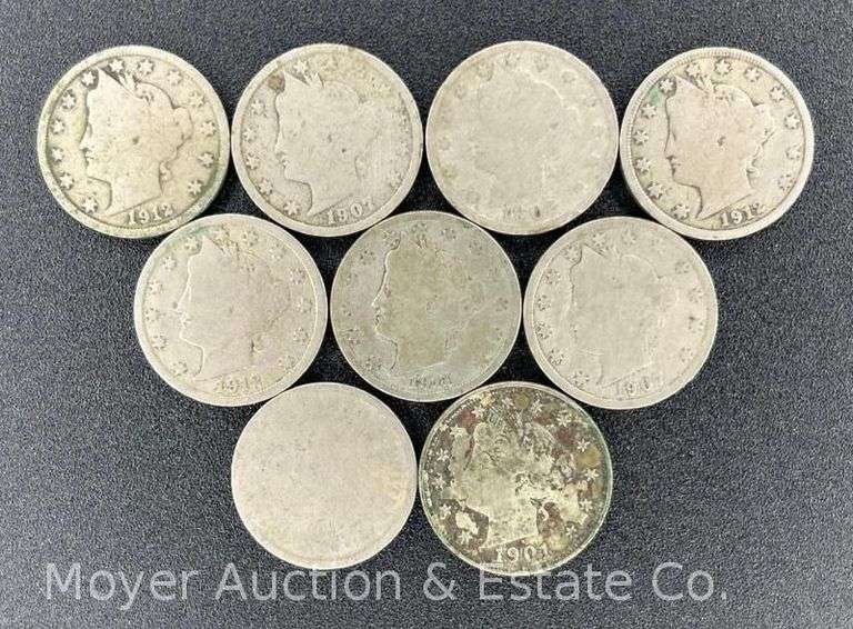 (8) "V" Nickels and (1) Worn Shield Nickel image