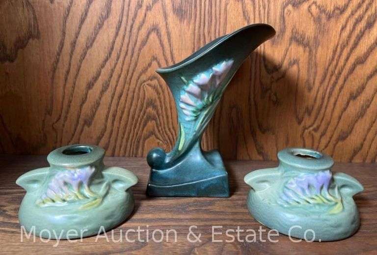 Roseville Pottery "Freesia" Cornucopia Vase and Candle Holders, 1160-2" and 197-6", 2"-6.5"h image