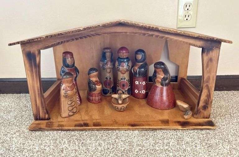 Wood Manger with Ceramic Nativity Set, 22” image