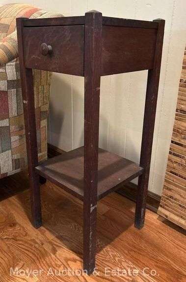 Antique Oak Mission Style Single Drawer Plant/Smoking Stand, with Copper Insert, 30"x12"x12" image