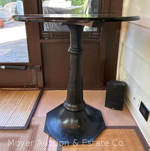 Antique Tavern Table, Heavy Cast Iron Base, Wood Top, Antique, 29"w image