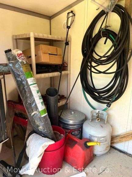 Contents of Shed, Propane Tank, Hoses, Bird Bath, Gas Can, Trash Cans, Etc. image