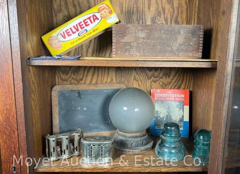 Group of Collectibles, Advertising, Insulators, Cast Iron Light Fixture, Wood Box, Etc. image