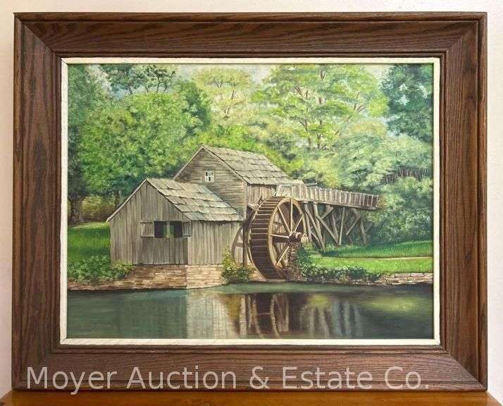 Otis Cook Painting on Board of Mill Scene, signed Otis Cook 1969, Wood Frame, 23” x 29” Overall image