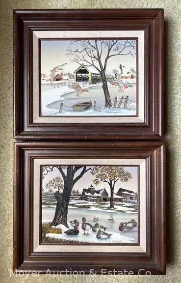 Pair of H. Hargrove Serigraphs of Ducks on Winter Pond Scenes, Framed 12” x 14” Overall image