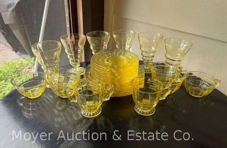 (28) Piece Set of Yellow Glass Dishes: (6) 4 Piece Place Settings with Additional Pieces image
