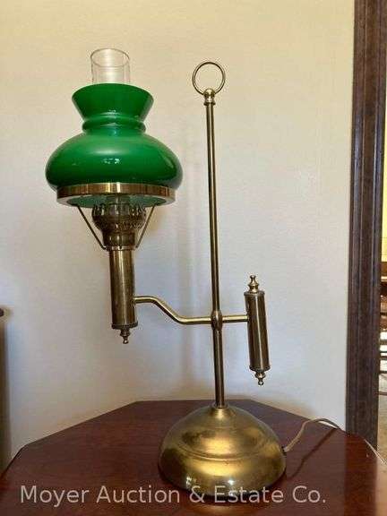 Brass Student-style Desk Lamp, Green Glass Shade and Chimney, Contemporary, 21”h image