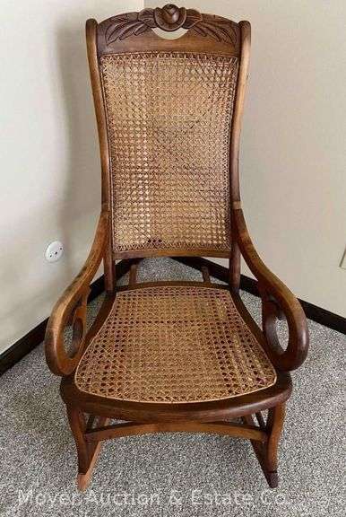Antique Rocking Chair, Wood Frame with Cane Seat and Back image