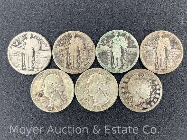 (4) Standing Liberty Quarters, (2) Washington Silver Quarters and Barber Quarter image