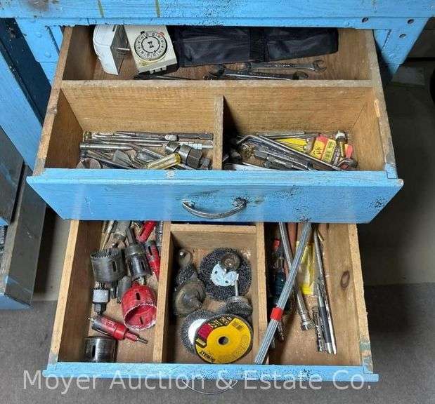 Contents of Work Stand, Hole Saws, Drill Bits, Wire Wheels, Wrenches, Etc. image