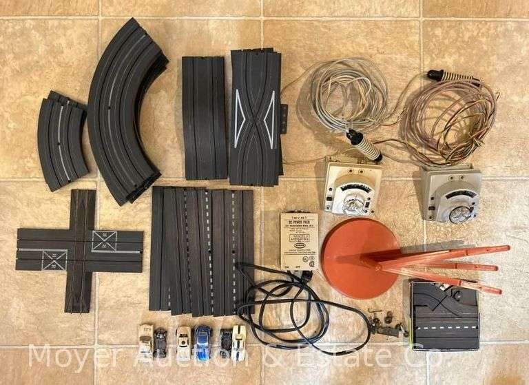 Group of Aurora Model Motoring Slot Car Track, with Cars and Accessories image