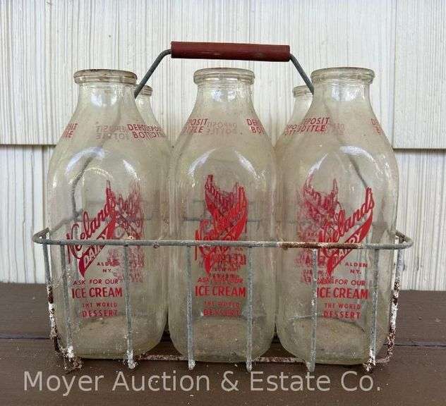 (6) Neelands Dairy Milk Bottles with Wire Carrier, One Quart, Red Lettering image